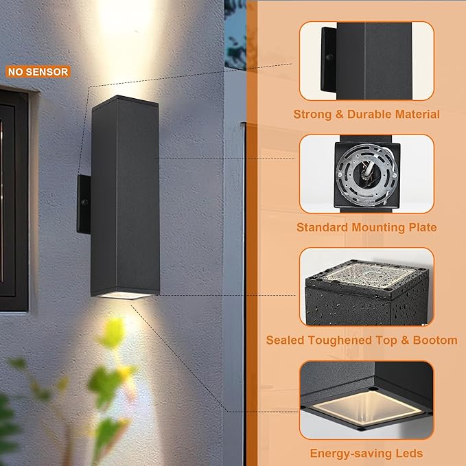 Outdoor Porch Lights, 14 in Outside Lights for House,Garage,Front Door,Modern Black Outdoor Wall Sconce,Up and Down Aluminum Square Patio Wall Light Fixture Include 8 * 7W Led Bulbs 4PCS