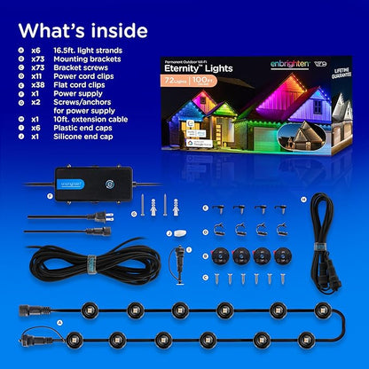 Enbrighten Vibe Eternity Permanent Outdoor Lights for House, 100 Feet, 72 RGBWIC LEDs, Close Spacing, 33lm, Color Changing, Christmas, Eave Lighting, Smart App, Works with Alexa, Google Home, 82730