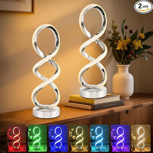 Modern Spiral RGB Table Lamp, Touch Dimmable Bedside Lamp, 7 Colors 10 Light Modes Spiral Design Table Lamp, Unique Nightstand Lamp for Living Room, Bedroom, Cool Lamps, Sliver, 2 Pack