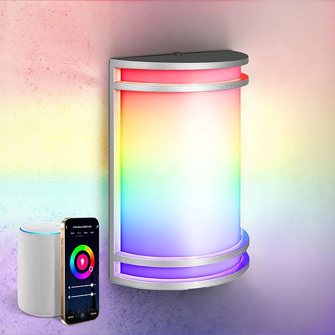 ASD 10 Inch Smart RGBW LED Outdoor & Indoor Wall Mount Light Fixture - Nickel RGB Wall Sconce Exterior Lighting - 120-277V 15W 2700-6500K Dimmable, Remote Control, Alexa - Front Door & Patio ETL
