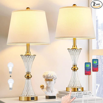 27" Bedroom Lamps Set of 2, Gold Glass Touch Lamps with USB C+A Ports, 3-Way Dimmable Light Fixture for Nightstand, Modern Table Side Lighting for Living Room, 2 Bulbs Included