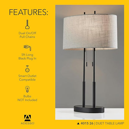 Adesso Duet Table Lamp with Dual Pull Chains, Antique Bronze Finish, Taupe Fabric Shade – 27” Tall, Versatile Bedside Table or Desk Lamp