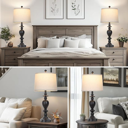 28" Tall Farmhouse Bedside Lamp Set of 2,Black Vintage Bedside Lamps with USB C+A Ports & AC Outlet,3-Way Dimmable Touch Lamp for Night Stands Living Room Bedroom,Black-2