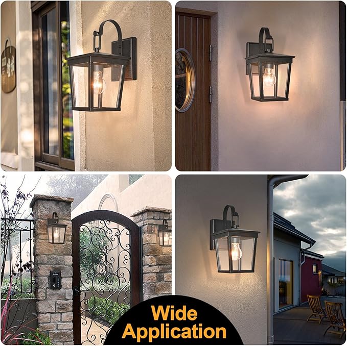 ALVIME Outdoor Wall Light Fixtures, 11 Inch 2 Pack Black Waterproof Outdoor Sconce Lights, Exterior Wall Lanterns, Porch Outside Lighting for Entryway, Backyard, Patio, E26 Base, Clear Seeded Glass