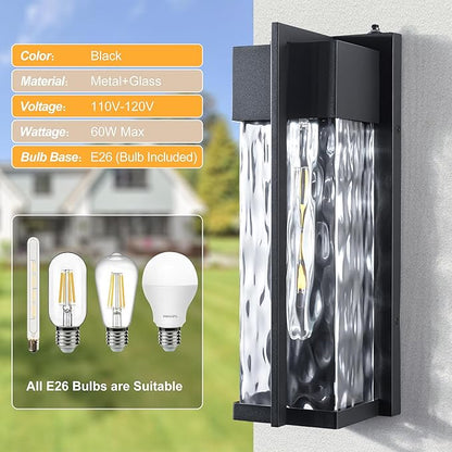 18IN Modern Exterior Lighting Fixtures(T300 Bulb Included), Dusk to Dawn Outdoor Lighting Waterproof Rippled Glass Wall Sconces, Open Bottom Outside Lights for House, Porch, Garage