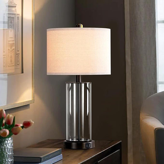Kyrid 23.5'' Glass Table Lamp Set of 2 for Living Room with USB Ports and AC Outlets(Bulbs Included)