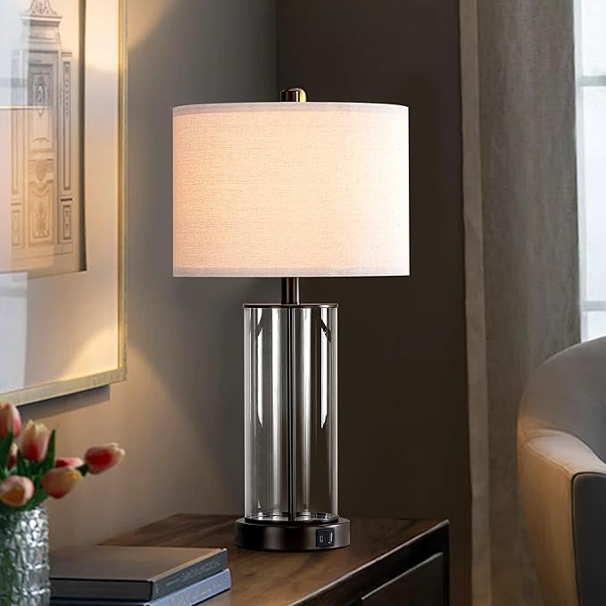 Kyrid 23.5'' Glass Table Lamp Set of 2 for Living Room with USB Ports and AC Outlets(Bulbs Included)