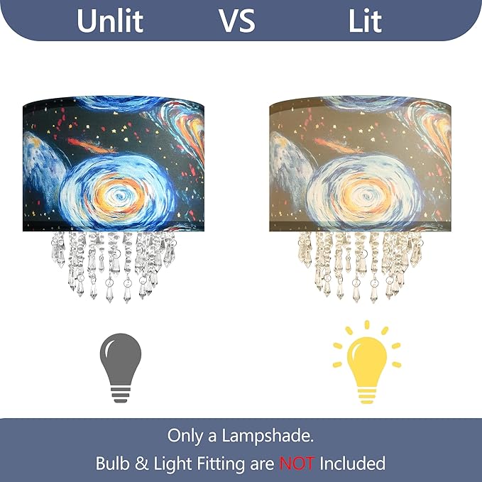 Space Planet Galaxy Lamp Shade with Acrylic Bead Droplets, Universe Drum Fabric Light Shade for Ceiling Pendant Table & Floor Lamp, Kid Boy Teen Room Decor, 11.8in