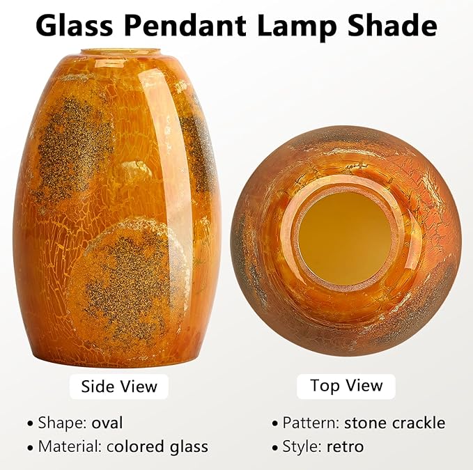 Oval Glass Lamp Shade Cover for Kitchen Pendant Light over Island, Orange Stone Crackle Hanging Ceiling Light Fixture Replacement, 7x4.71" with 1.65" Fitter, Pendant Chandelier Glass Shade 3 Pack