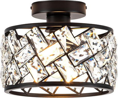Crystal Ceiling Light Fixture, Modern Semi Flush Mount Ceiling Light,Crystal Chandelier for Kitchen Bedroom Bathroom Entryway, Black Finish
