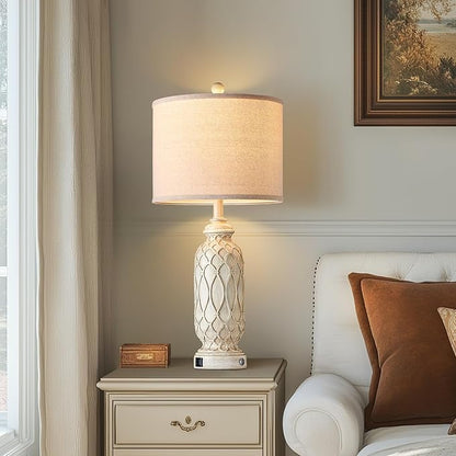 Farmhouse Lamps for Living Room Set of 2, 28" Table Lamps for Bedroom with USB A+C Charging Ports, Touch Lamps for Nightstand, 2 Bulbs Included