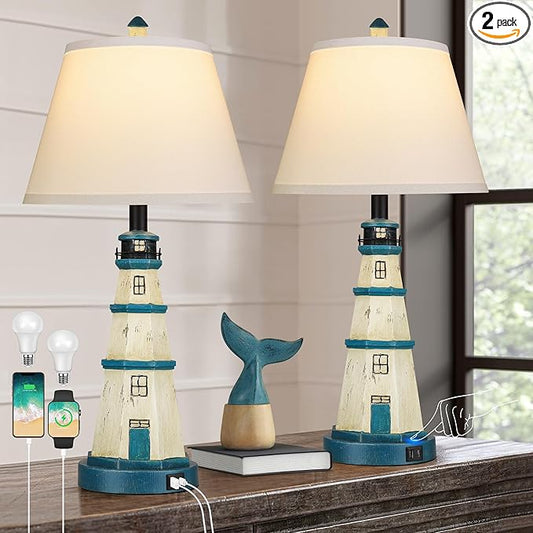 WIHTU Table Lamps Set of 2, Bedside Lamps with Dual USB Charging Ports, 3-Way Dimmable Modern White Blue Lighthouse Touch Control Nightstand Lamps for Living Bedroom, Bulbs Included