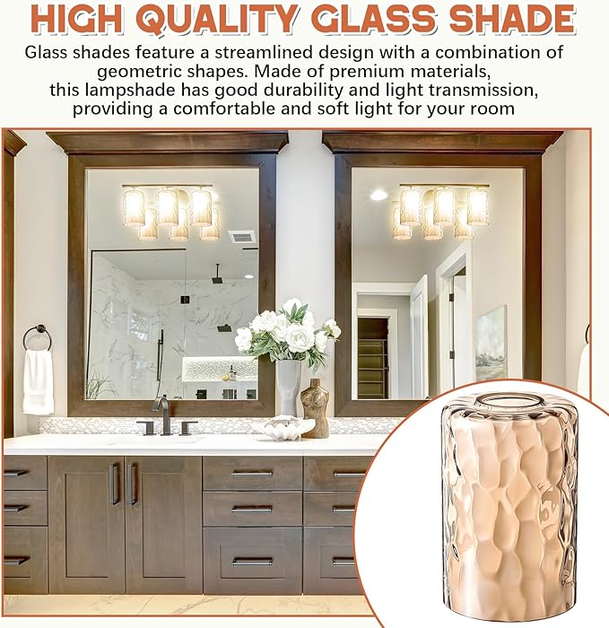 3 Pcs Amber Hammered Glass Shade Replacements for Pendant Light Fixtures Glass Lamp Shade Cover, 1-5/8 Inch Fitter E26 Base, 4"w x 6"h, Replacement Lamp Globe for Chandelier Wall Sconce