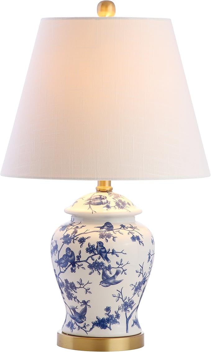 JONATHAN Y JYL3005A 22" French Country Ginger Jar Table Lamp, Blue and White Chinoiserie Ceramic Bedside Lamp for Living Room, Traditional Bedroom Nightstand with White Linen Shade, LED Bulb Included