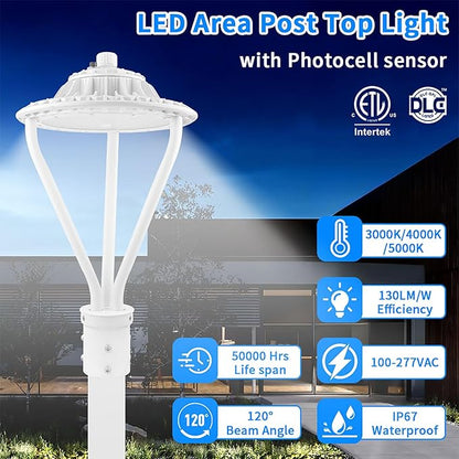 LED Post Top Light 30/50/75W Adjustable 9750 LM 3000/4000/5000K LED Circular Area Light Outdoor Pole Lights with Photocell, IP67 Parking Lot Lights Fixture Commercial Lighting, 100-277V ETL&DLC Listed
