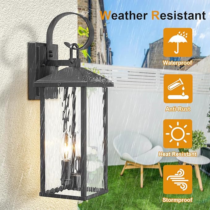 Porch Lights Outdoor Wall Light Fixtures Wall Mount, Modern Exterior Lighting Fixtures with Water Ripple Glass Waterproof, 2-Light E12 Sockets Outside Garage Lights for House Patio Porch