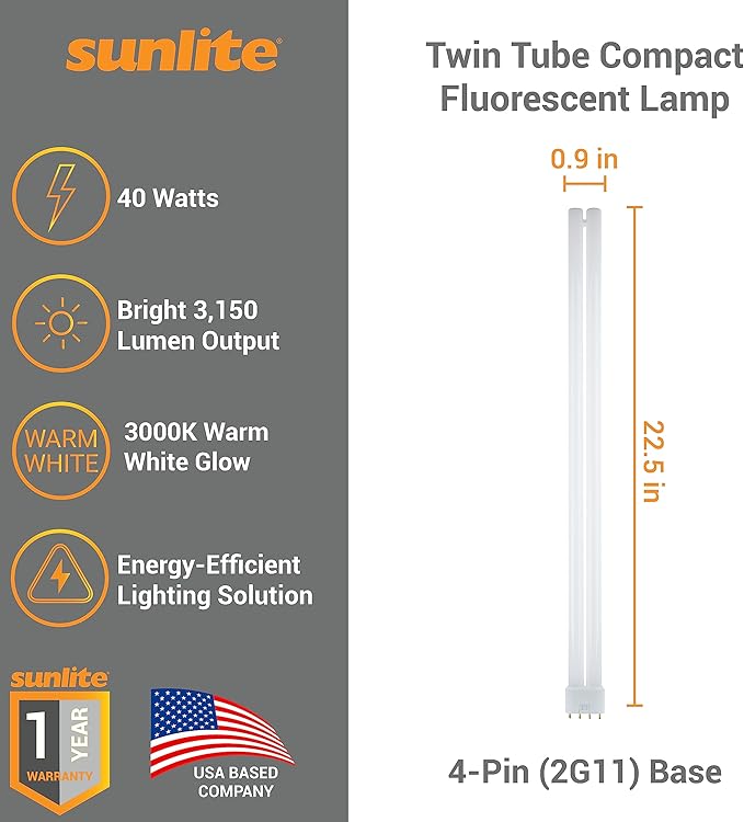 Sunlite FT40DL/830 Twin Tube Compact Fluorescent Lamp, FT 4-Pin, 40 Watts, 3150 Lumens, 3000K Warm White, 4-Pin (2G11) Base, ROHS Compliant, 10 Pack