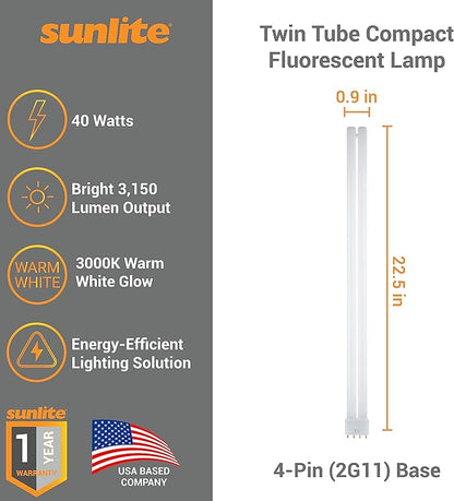 Sunlite FT40DL/830 Twin Tube Compact Fluorescent Lamp, FT 4-Pin, 40 Watts, 3150 Lumens, 3000K Warm White, 4-Pin (2G11) Base, ROHS Compliant, 10 Pack
