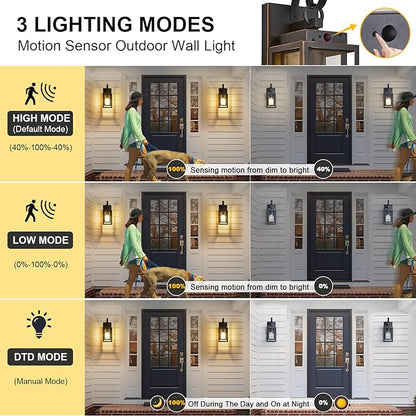 Upgraded Motion Sensor Outdoor Wall Lighting Fixtures, Dusk to Dawn Coach Lamps Outdoor Wall Sconces with Clear Glass, Modern Black Outside Wall Mount Lantern for Front Door, Porch, Garage
