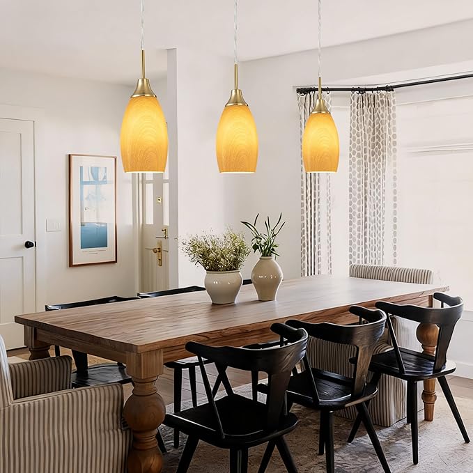 Mini Glass Pendant Light 4.72" Walnut Wood Grain Pendant Lights 3-Pack Handblown Art Oval Glass Hanging Pendant Light for Kitchen Island Dining Room Living Foyer Hallway Entry Brushed Gold