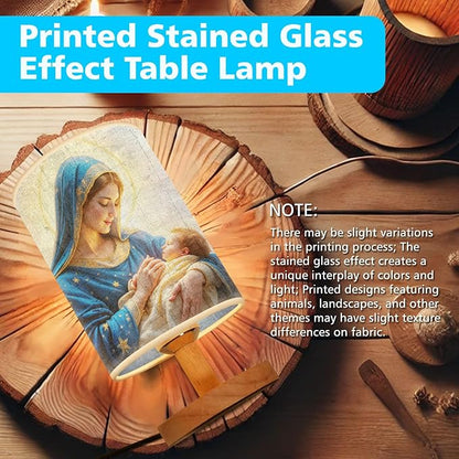 The Virgin Mary Holding Baby Jesus Table Lamp LED 3-Color Pressed Bedside, The Virgin Mary Holding Baby Jesus Shade Lamp with Wood Base for Bedroom Living Room Desk Office TL01