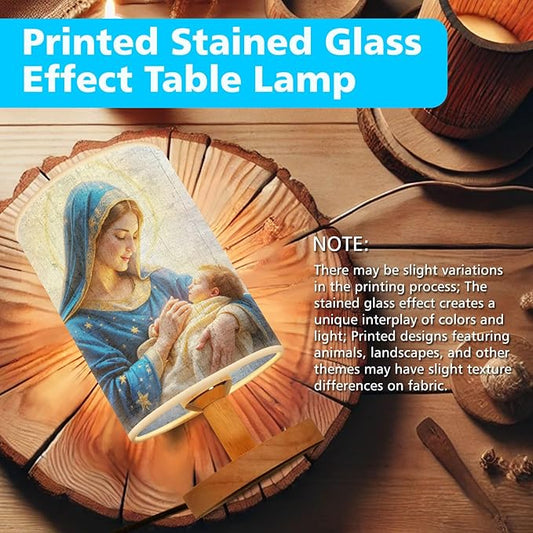 The Virgin Mary Holding Baby Jesus Table Lamp LED 3-Color Pressed Bedside, The Virgin Mary Holding Baby Jesus Shade Lamp with Wood Base for Bedroom Living Room Desk Office TL01