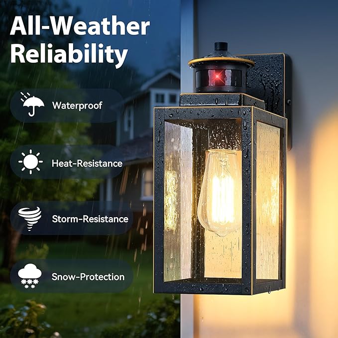 BesLowe 2-Pack Motion Sensor Outdoor Wall Lights, Dusk to Dawn Porch Lights Outdoor Sconces with Seeded Glass, Exterior Lighting Fixtures Wall Mount, Outside Lights for House Front Door Garage Patio