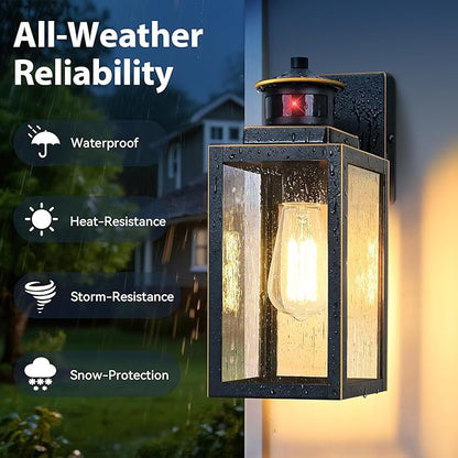 BesLowe 2-Pack Motion Sensor Outdoor Wall Lights, Dusk to Dawn Porch Lights Outdoor Sconces with Seeded Glass, Exterior Lighting Fixtures Wall Mount, Outside Lights for House Front Door Garage Patio