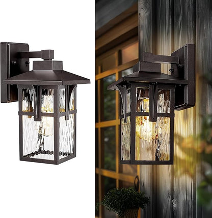 Outdoor Wall Light Fixture, HWH 12.4 Inch Outdoor Light for House with Water Ripple Glass, Exterior Lighting Fixture in Oil-Rubbed Bronze Finish, 5HX62B ORB SW