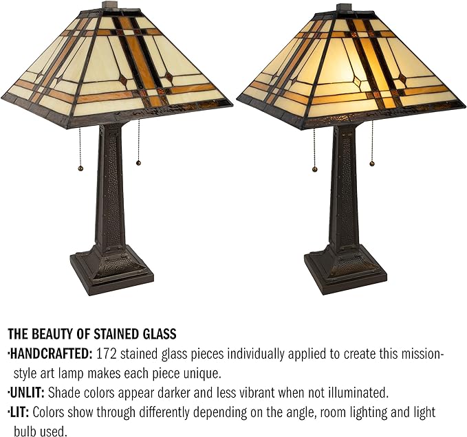 Lavish Home Tiffany-Style Table Lamp – Mission-Design Art Glass Lighting with 2 LED Bulbs Included – Vintage-Look Handcrafted Room Décor (Brown)