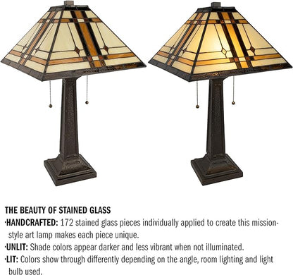 Lavish Home Tiffany-Style Table Lamp – Mission-Design Art Glass Lighting with 2 LED Bulbs Included – Vintage-Look Handcrafted Room Décor (Brown)