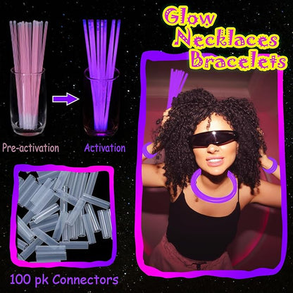 ILHSTY 100 Pcs 8'' Purple Glow Sticks Glow Necklaces In The Dark Party Favor Supplies Bright GlowSticks Bulk with Accessories for Christmas Halloween Easter Carnival Birthday Neon Party (Purple*100)