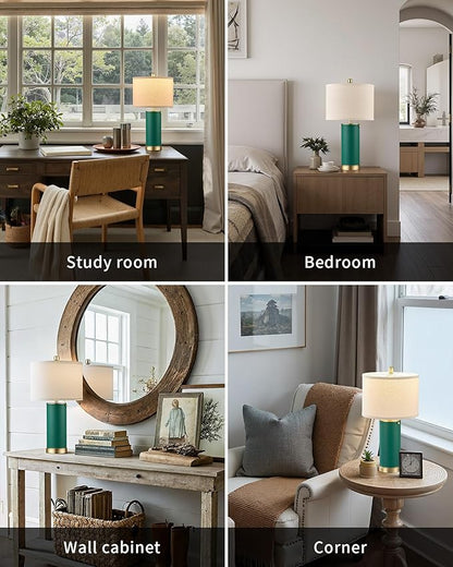 KDG 23.4" Green PU Leather Table Lamps for Living Room Set of 2, 3 Level Brightness LED Modern Home Decor Fabric Lampshade Desk Lamp Lighitng for Bedroom, Bedside, Farmhouse, Nightstand, Night Light
