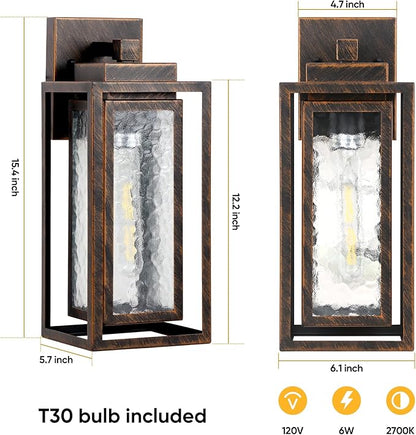 Water Ripple Exterior Porch Light Fixture, 2 Pack Outdoor Wall Lantern Black Gold, Wall Mount Lamp, Waterproof Exterior Lighting Fixtures, Outside Garage Sconce Lighting, for Doorway Outdoor Indoor