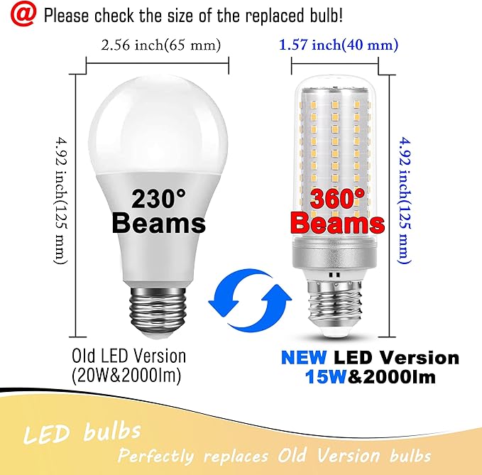 1.57 x 4.92 inch Big E26 15W LED Corn Bulbs 2000 Lumen 150 Watt Equivalent Incandescent Bulbs 4000K Natural White Candelabra Ceiling Fan LED Bulbs for Indoor Outdoor Home Garage Warehouse, 2 Pack