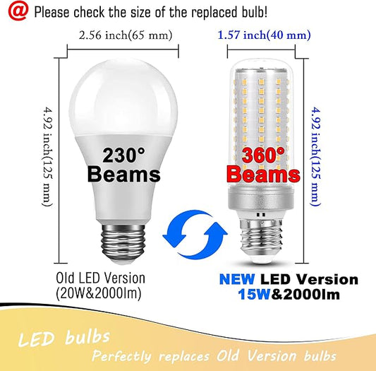 1.57 x 4.92 inch Big E26 15W LED Corn Bulbs 2000 Lumen 150 Watt Equivalent Incandescent Bulbs 4000K Natural White Candelabra Ceiling Fan LED Bulbs for Indoor Outdoor Home Garage Warehouse, 2 Pack