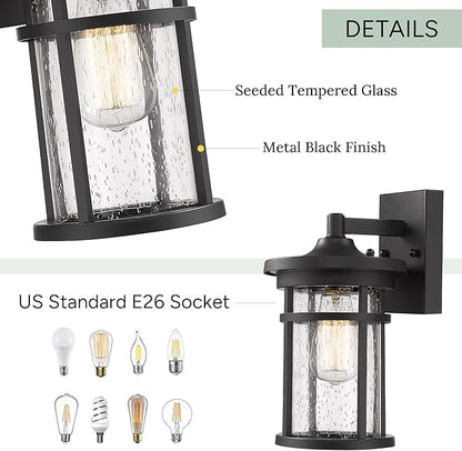 Outdoor Wall Sconces, Exterior Lantern Lighting Fixture, Mounted Lights for Patio, Porch, Garden, Balcony (Black, 12" H-2Pack)