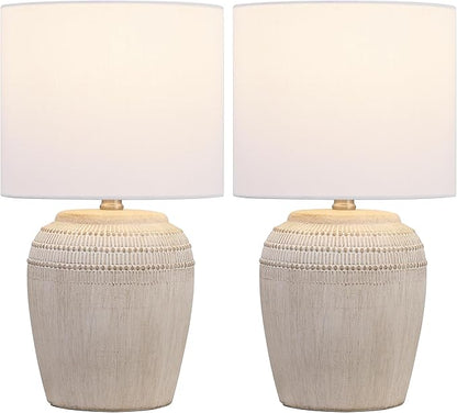 JONATHAN Y JYL5707B-SET2 16.75" Antique White Rustic Reeded Ceramic Table Lamp Set of 2 for Living Room, Traditional Farmhouse Bedside Nightstand Lamps with White Linen Shade, LED Bulbs Included