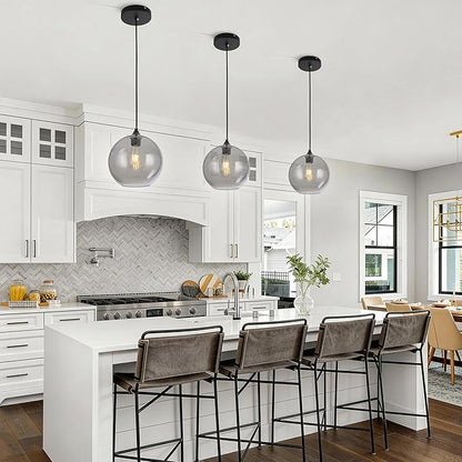 Grey Glass Pendant Lights Kitchen Island Lighting Modern Globe Pendant Light Fixtures Modern Pendant Lights for Kitchen Island Bedroom Living Dining Room Light Fixture-7.8inch,2Pack