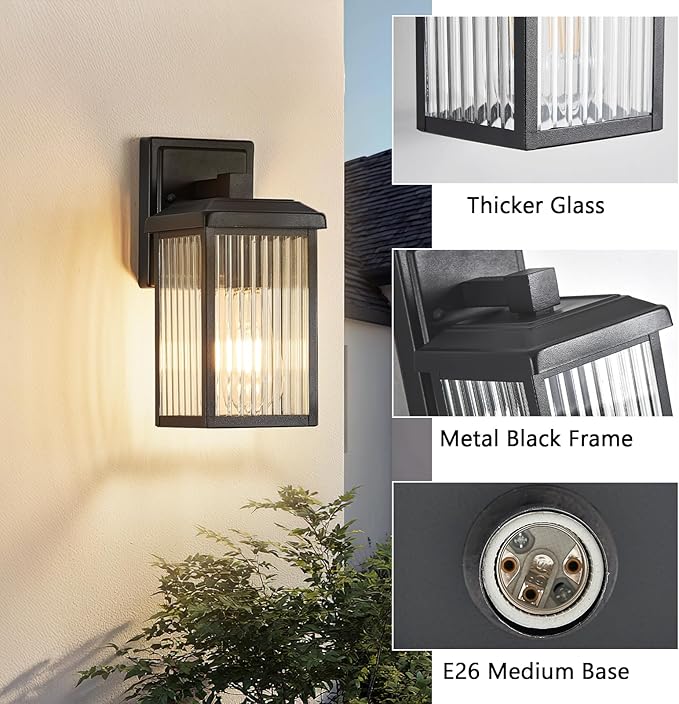 Refice 2-Pack Outdoor Wall Light Fixtures,Waterproof Outdoor Wall Lantern,Wall Mount Exterior Porch Lights, Textured Glass Outside Lights for Patio, Garage, Doorway, Front Door, Black