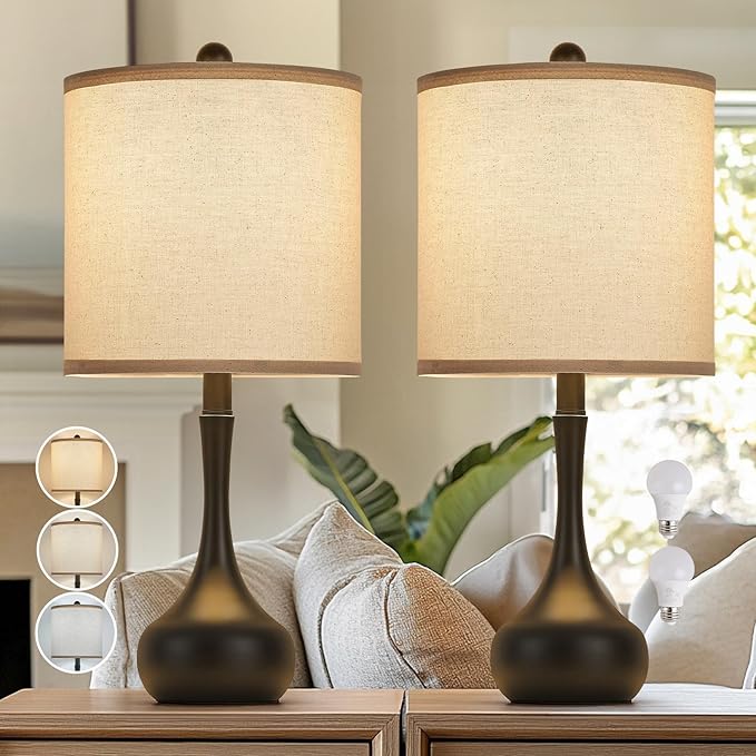 23" Farmhouse Table Lamp Set of 2, Rustic Metal Bedside Lamps for Bedroom, Living Room, Office, Dorm - 3-Way Color Changing, Bulb Included, Home Decor