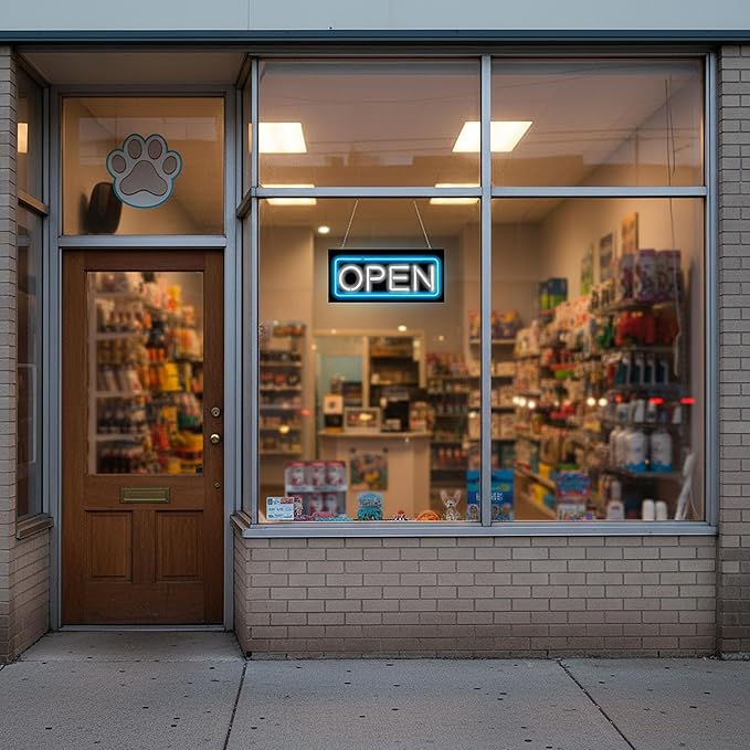 Neon Open Sign with Border - 24" wide x 11" high - Real, Quality Hand Bent Neon Sign - White Letters with a Blue Outer Border