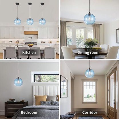 Blue Glass Pendant Lights Kitchen Island Lighting Modern Globe Pendant Light Fixtures Modern Pendant Lights for Kitchen Island Bedroom Living Dining Room Light Fixture-7.8inch 2Pack