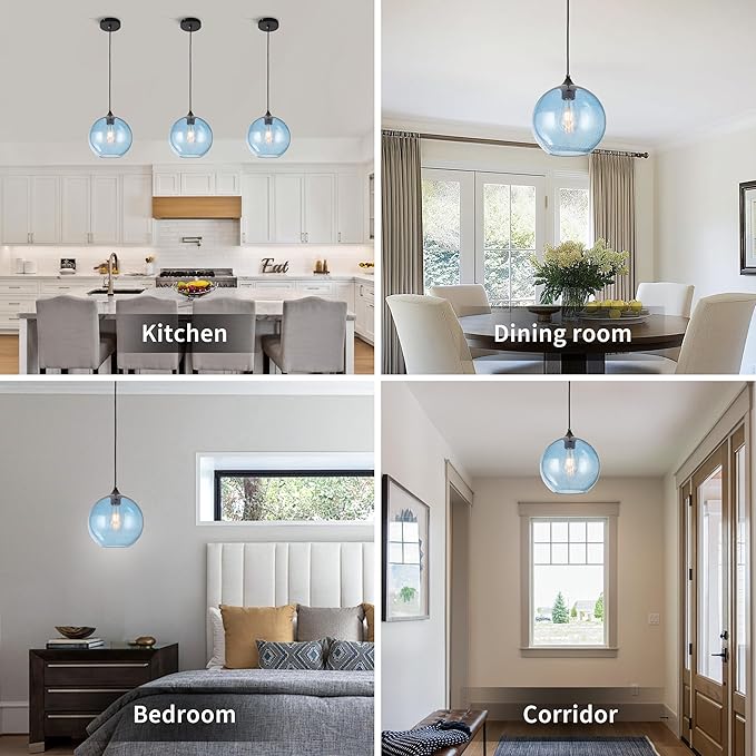 Blue Glass Pendant Lights Kitchen Island Lighting Modern Globe Pendant Light Fixtures Modern Pendant Lights for Kitchen Island Bedroom Living Dining Room Light Fixture-7.8inch