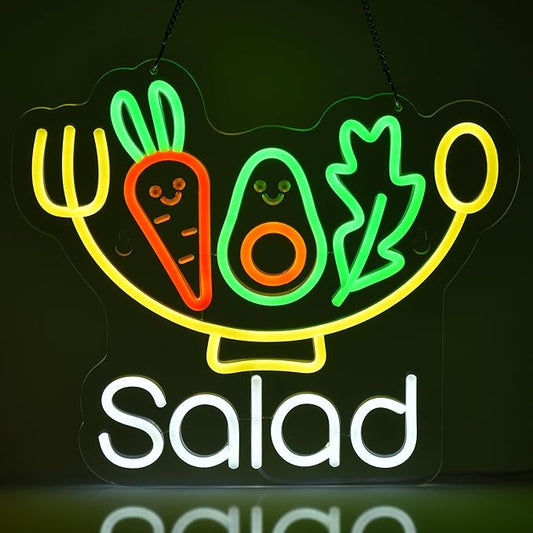 Salad Neon Sign Led Neon for Wall Decor Home Kitchen Business Restaurant Buffet Vegan Shop Fresh Vegetables Bakery Powered Ultra Bright Dimmable 14.2" x 12.6" Handmade LED Neon Tubing Signs