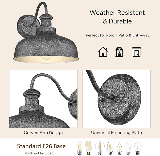 Outdoor Wall Light Fixture, Farmhouse Barn Light, Farmhouse Weatherproof Exterior Wall Sconce, Anti-Rust Outside Lantern Lamp for Porch, Patio, Garage (Antique Silver, Regular-1Pack)