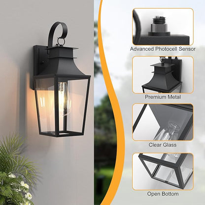 𝟏𝟔 𝐈𝐍𝐂𝐇 Outdoor Wall Light Fixtures, Dusk to Dawn Outdoor Lighting Wall Mount with E26 Sockets & Clear Glass Shades, Waterproof Exterior Black Porch Lights for Front Door Garage Patio