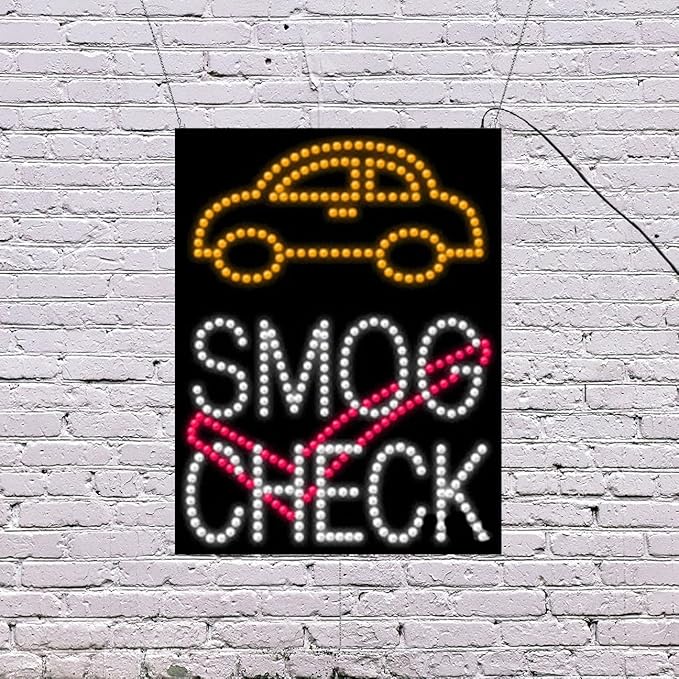 LED Smog Check Sign for Retail Business Displays |Advertising Electronic Light Up Sign for Windows Walls | 26"H x 20"W x 2"D