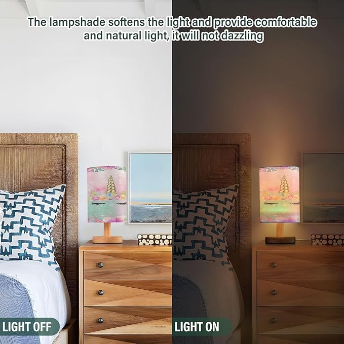 Bedside Lamp Unicorn Table Lamp for Bedroom LED Nightstand Lamp Shade USB Ports Wood Base for Living Room Dorm Office