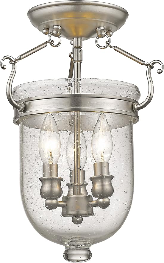 Livex Lighting 5081-91 Jefferson 3 Light Brushed Nickel Bell Jar Semi Flush with Seeded Glass